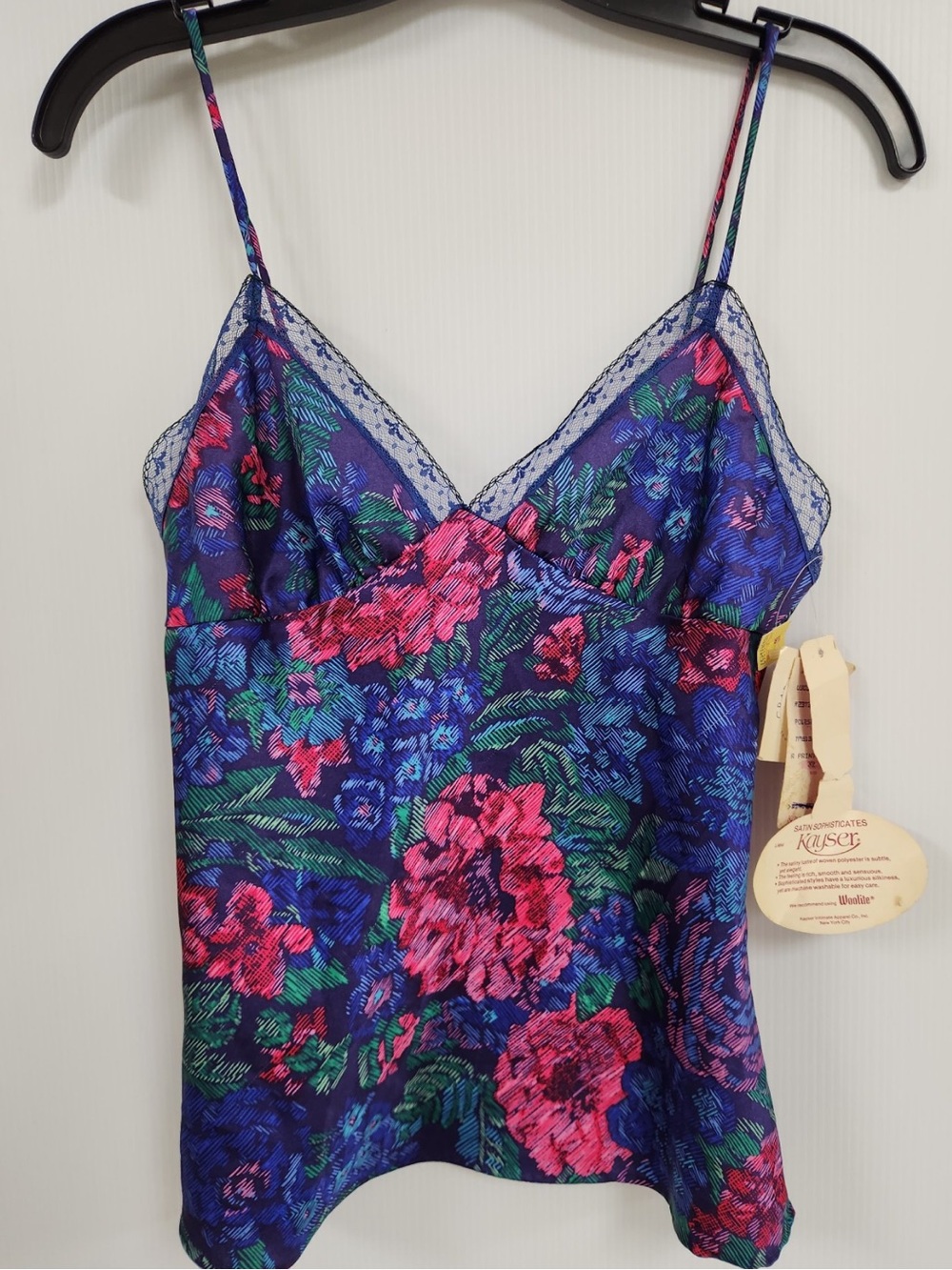 Vintage Y2K Floral Satin Lace Trim Camisole Tank Top Blue Pink NWT